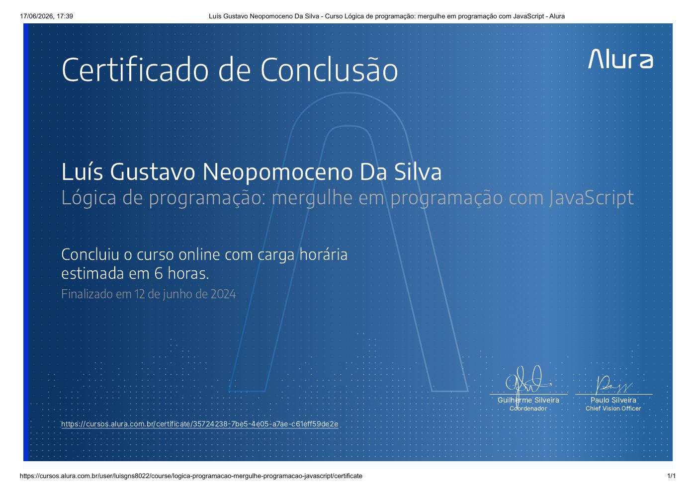 Prévia do certificado de Lógica de programação: mergulhe em programação com JavaScript