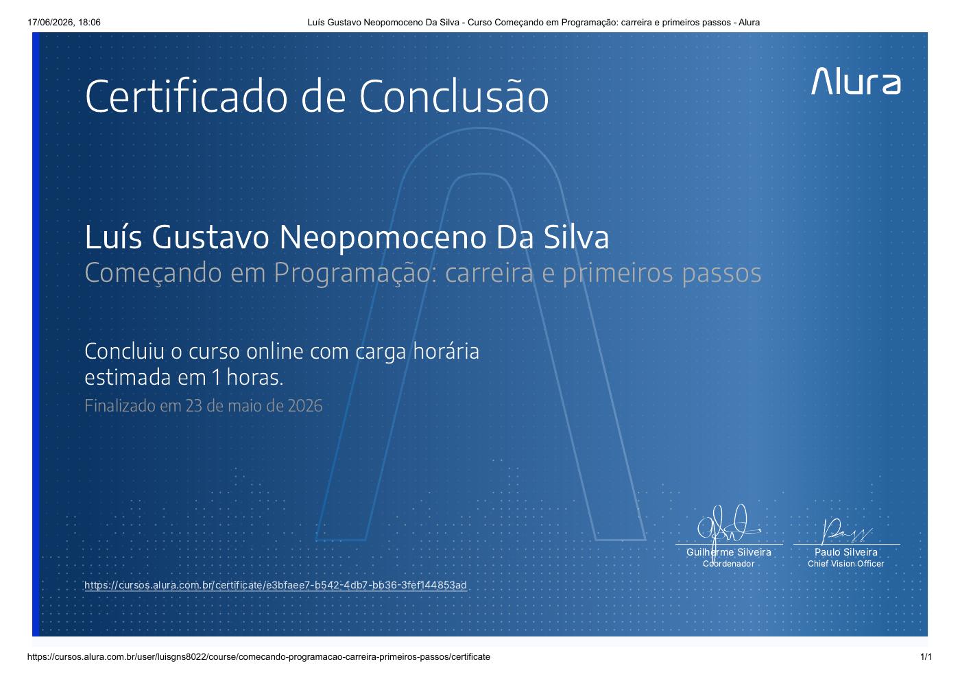 Prévia do certificado de Começando em Programação: carreira e primeiros passos