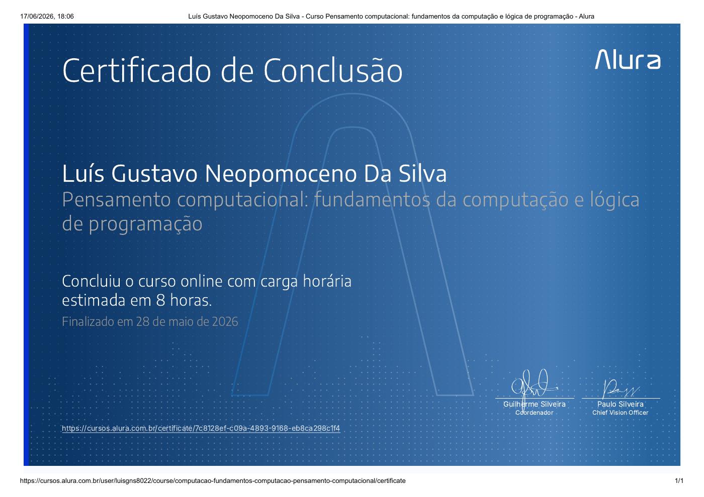 Prévia do certificado de Pensamento computacional: fundamentos da computação e lógica de programação