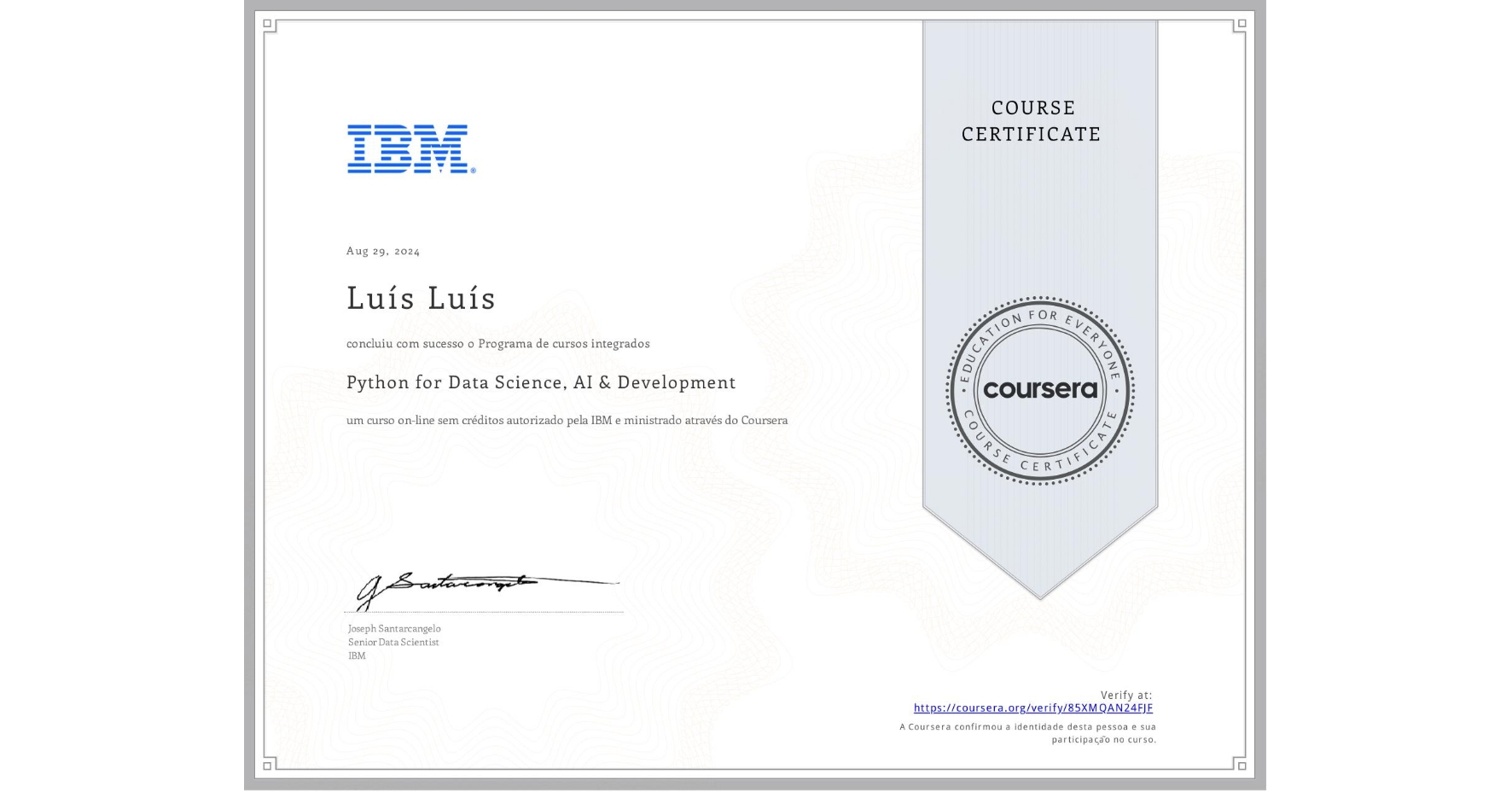 Prévia do certificado de python for data science, ai & development