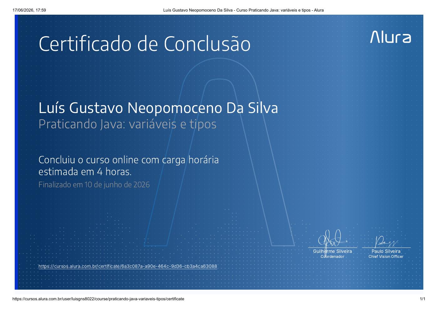 Prévia do certificado de Praticando Java: variáveis e tipos
