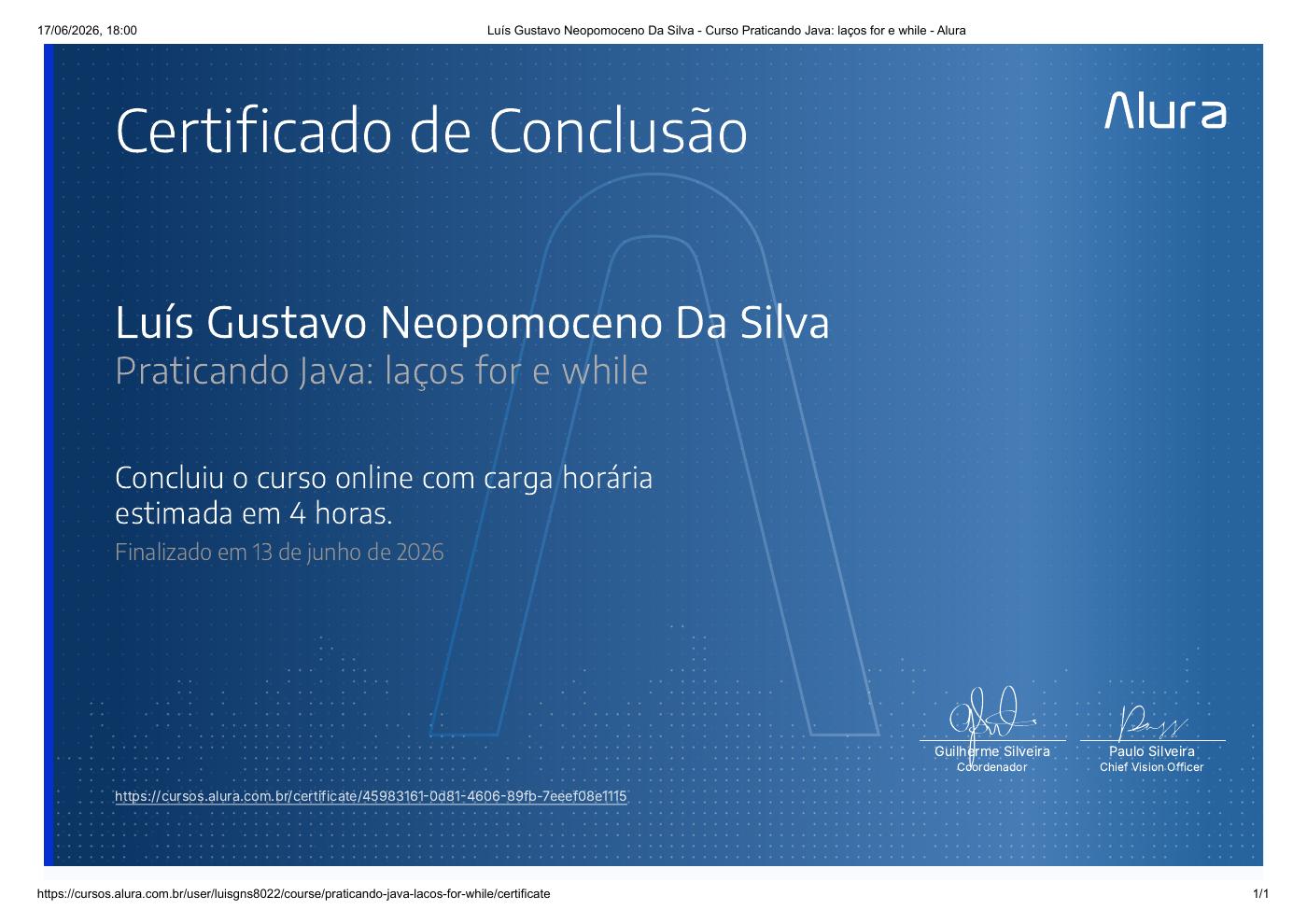 Prévia do certificado de Praticando Java: laços for e while