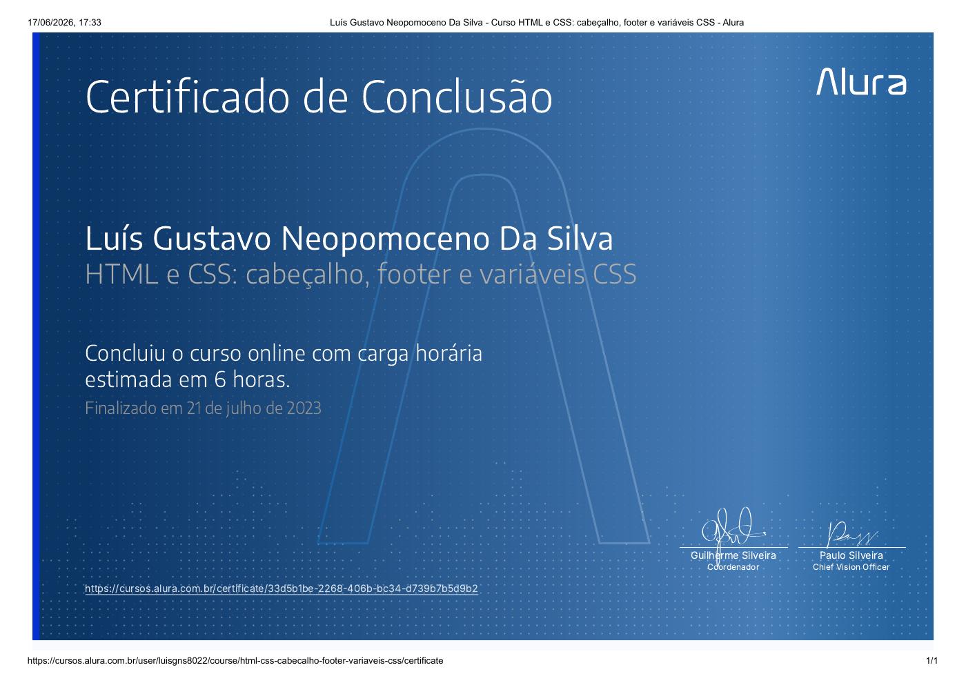 Prévia do certificado de HTML e CSS: cabeçalho, footer e variáveis CSS