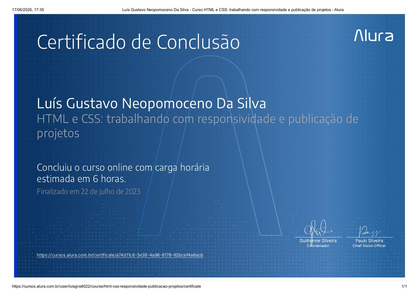 Prévia do certificado de HTML e CSS: trabalhando com responsividade e publicação de projetos