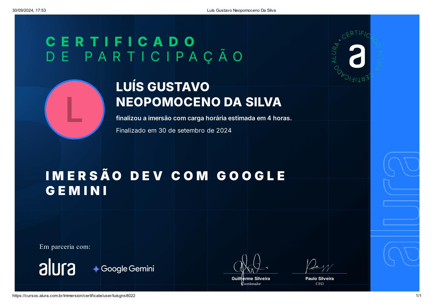 Prévia do certificado de Imersão dev com google gemini