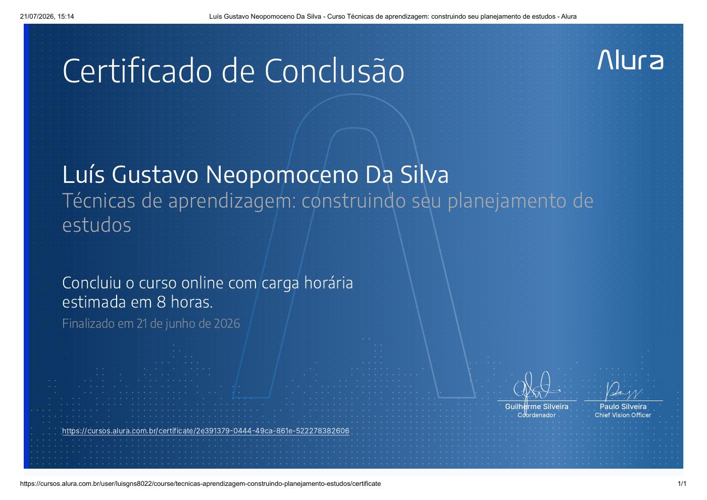 Prévia do certificado de Técnicas de aprendizagem: construindo seu planejamento de estudos