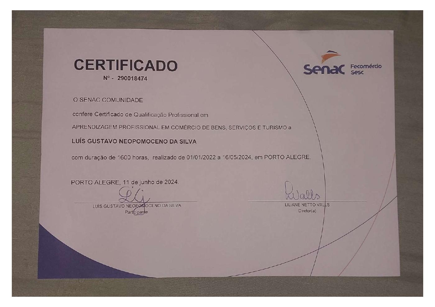 Prévia do certificado de Qualificação profissional em comércio de bens, serviços e turismo